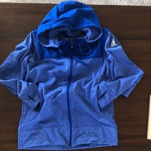 CLIMATE COMFORT CUTE ADIDAS CLIMAWARM HOODED ZIPPERED JACKET MEDIUM 2 TONE BLUE